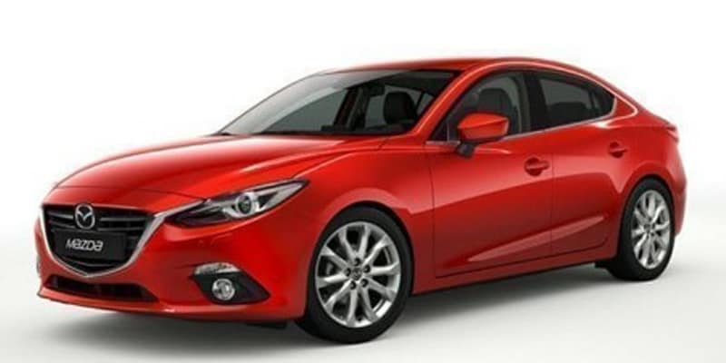 Image is of a red Mazda 3 on a white background.