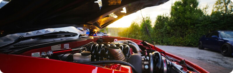 An open hood of a red sports car, revealing a detailed engine view with another sports car in soft focus in the background.