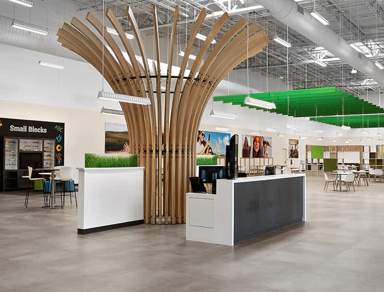 Front desk entrance at EchoPark is welcoming with modern architecture and bright interior.