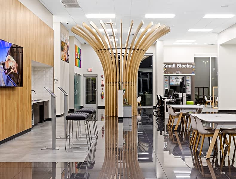 Another view of an EchoPark store, showing a bright interior with modern fixtures and furnishings, and lots of windows.