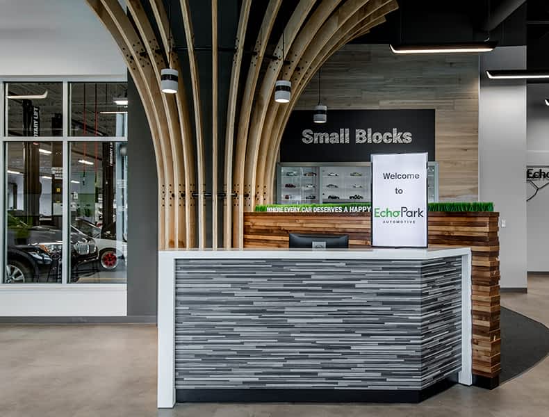 Front desk entrance at EchoPark is welcoming with modern architecture and bright interior.