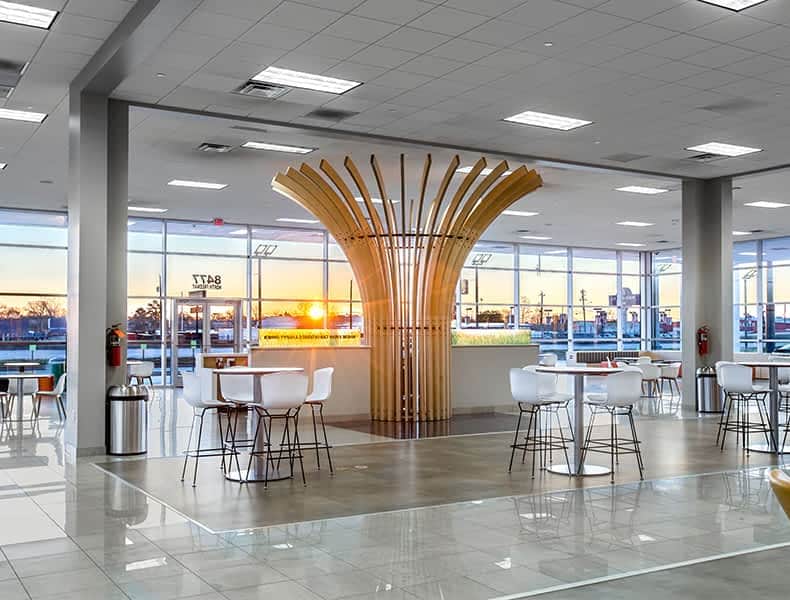 Front desk entrance at EchoPark is welcoming with modern architecture and bright interior.
