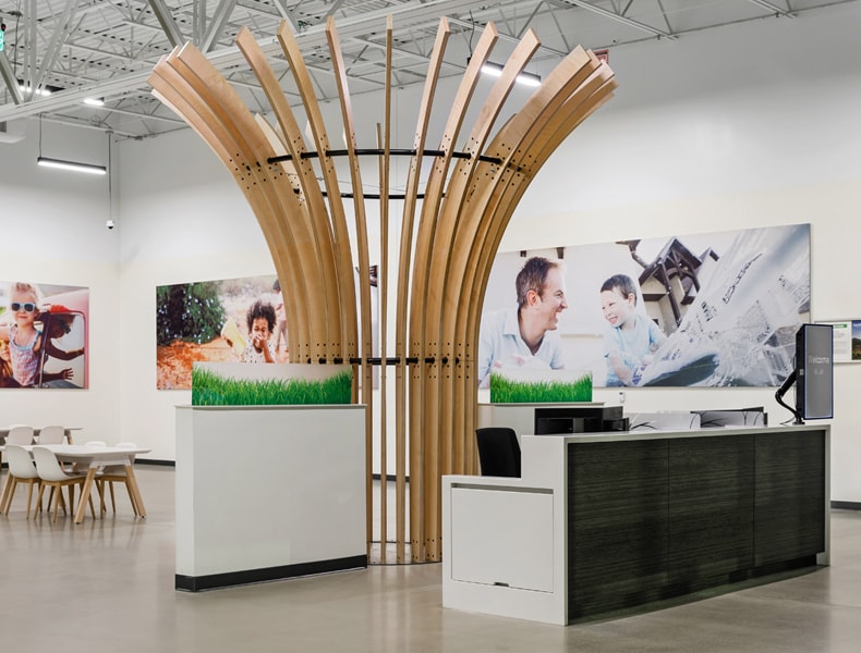 Front desk entrance at EchoPark is welcoming with modern architecture and bright interior.