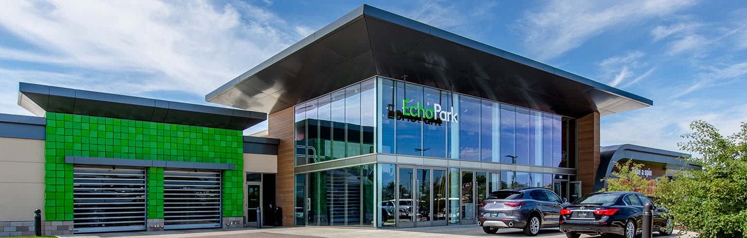 An EchoPark store is designed with guests' comfort in mind, usually with lots of windows and modern, bright furnishings and fixtures.