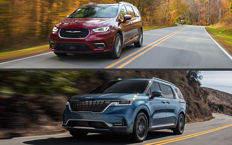 A composite image showing a red Chrysler Pacifica and blue Kia Carnival driving.