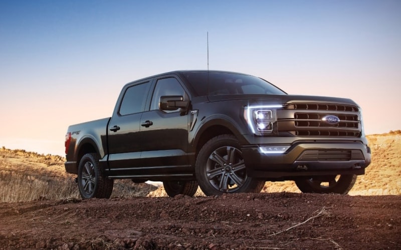 Image shows a black Ford F-150 parked in a desert area.