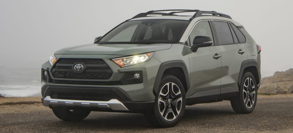 Image shows a light green Toyota RAV4 parked on pavement overlooking  a beach in the background.