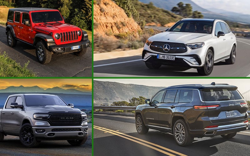 A composite image showing a Jeep Wrangler, Jeep Grand Cherokee, Ram 1500, and Mercedes GLC in outdoor environments.