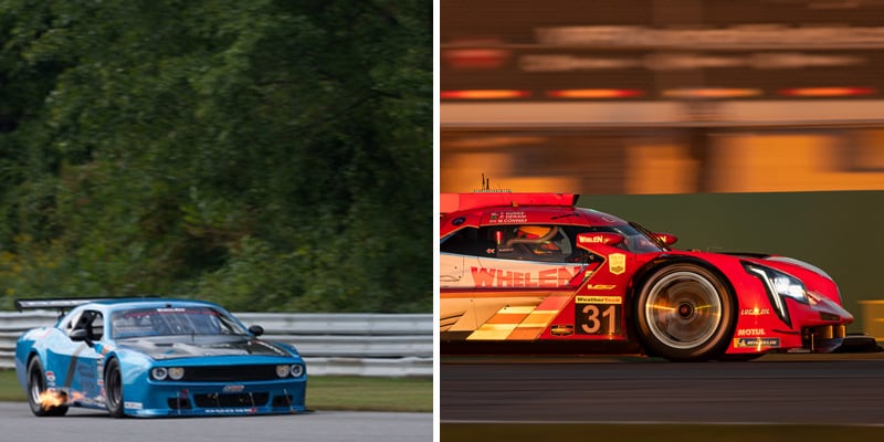Left image shows a blue Dodge Challenger in a Trans Am race at Lime Rock Park with flames shooting out of the exhaust. Right image shows red race car with a blurred background that shows the speed and movement of the car.