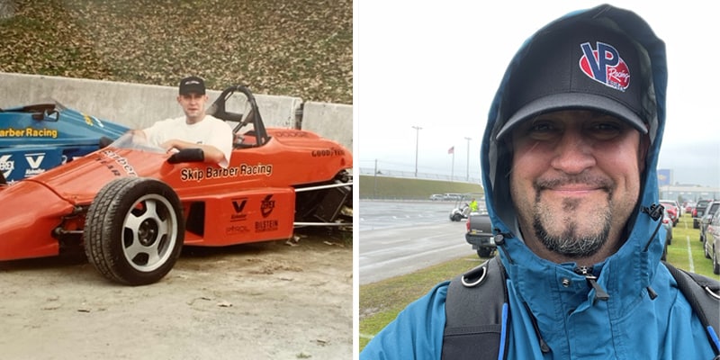 Side-by-side photos showing Jared DeValk sitting in a small orange race car. The car reads “Skip Barber Racing” in black letters on the side. Second photo shows DeValk in a blue raincoat and black ball cap with Daytona International Speedway in the background.
