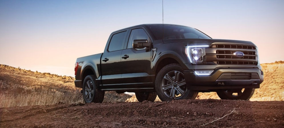 Image shows a black Ford F-150 parked in a desert area.