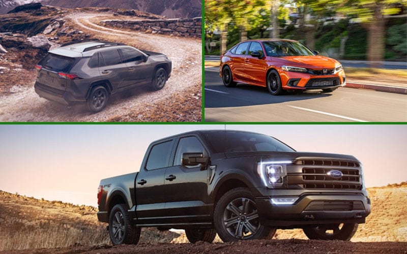 Composite image shows a Ford F-150 with a desert background, a Toyota RAV4 driving up a dirt road toward snow-covered mountains, and an orange Honda Civic driving down a tree-lined street.