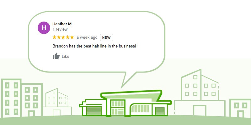 Image shows screen shot from an online review about Brandon McGruder. It reads, “Brandon has the best hairline in the business!”