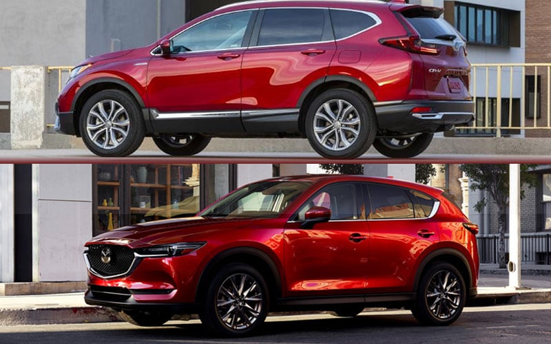 A composite image including a red Mazda CX-5 parked outside a city storefront and a red Honda CR-V parked on concrete in front of city office building. 