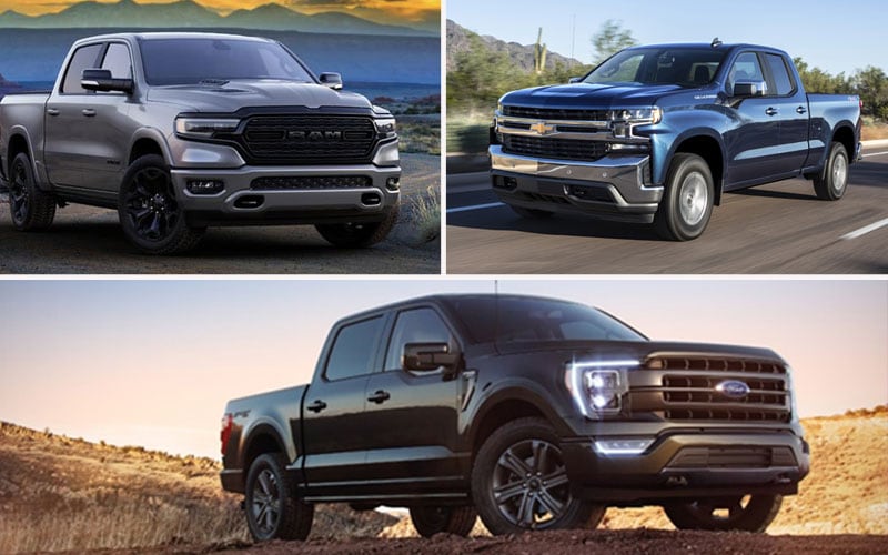 A composite image including a Dodge Ram 1500 parked with a  mountain sunset background, Chevrolet Silverado rolling down a highway with desert backdrop and Ford F-150 parked on dirt.   