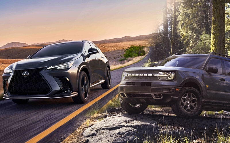 A composite image that includes a Ford Bronco Sport parked on a small rocky incline and Lexus NX driving down a two-lane desert highway.