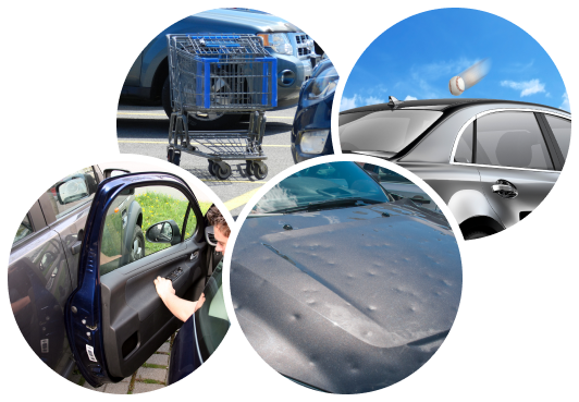A collage of images showing dent-causing scenarios: a shopping cart, a baseball, a car door hitting another door & hood hail damage.